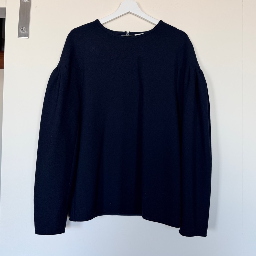 Tibi Viscose Crepe Puff Sleeve Top in Navy
